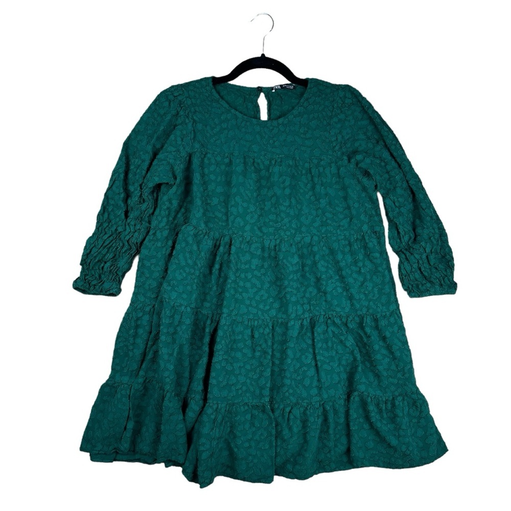 Green Textured Tiered Long Sleeve Dress - Women